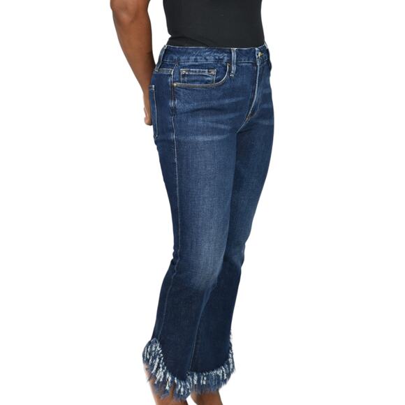 Frame Le Crop Mini Boot Jeans Blue Mid Rise Stretch Shredded Fringe Hem Size 29 - Picture 14 of 15